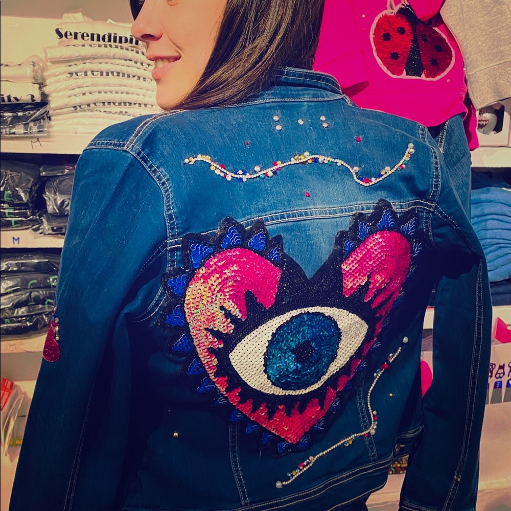 Ladies handmade jean jacket evil eye